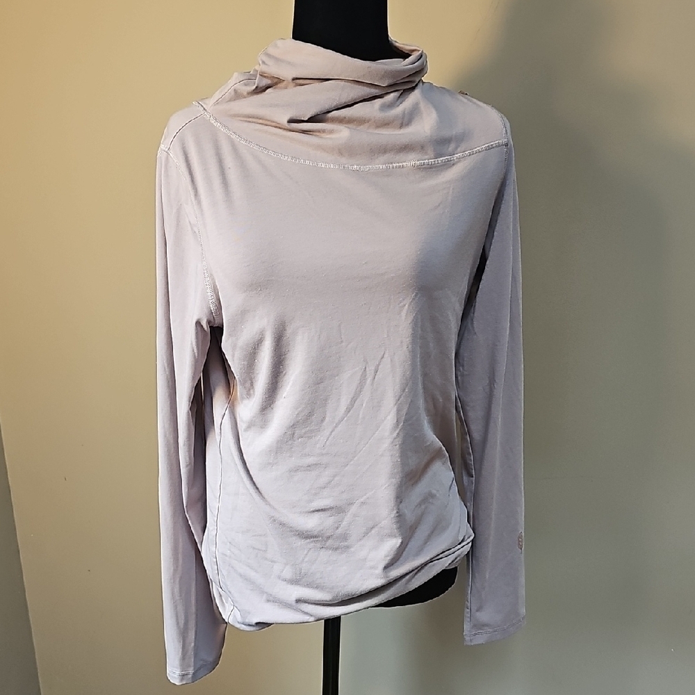 Indygena Elegant Adjustable Cinch Cowl Neck Sweater in Soft Beige- Purple